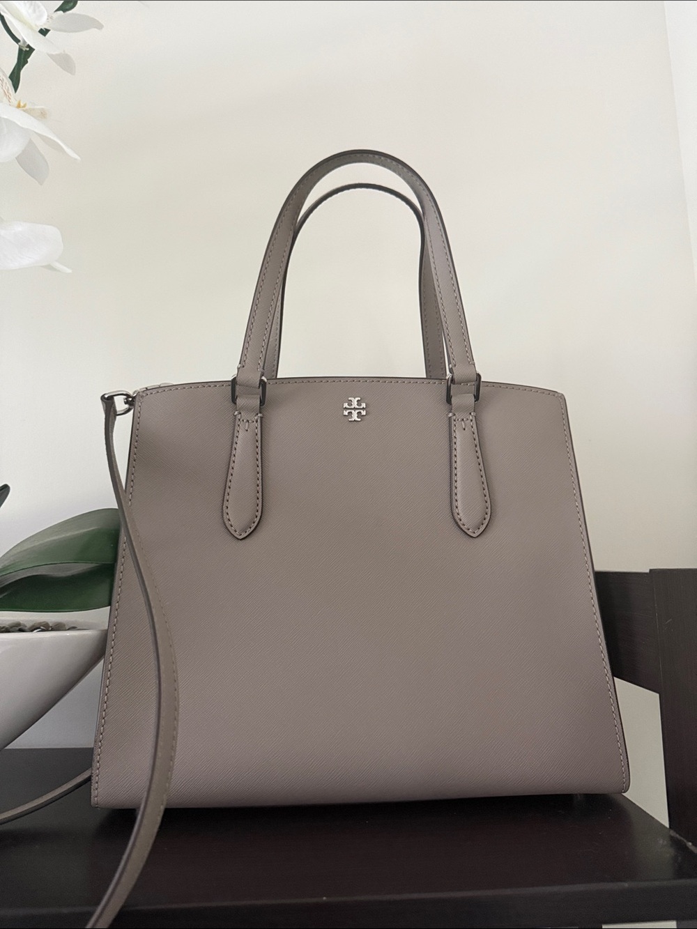 Tory Burch Taupe Leather Double-Handle Satchel